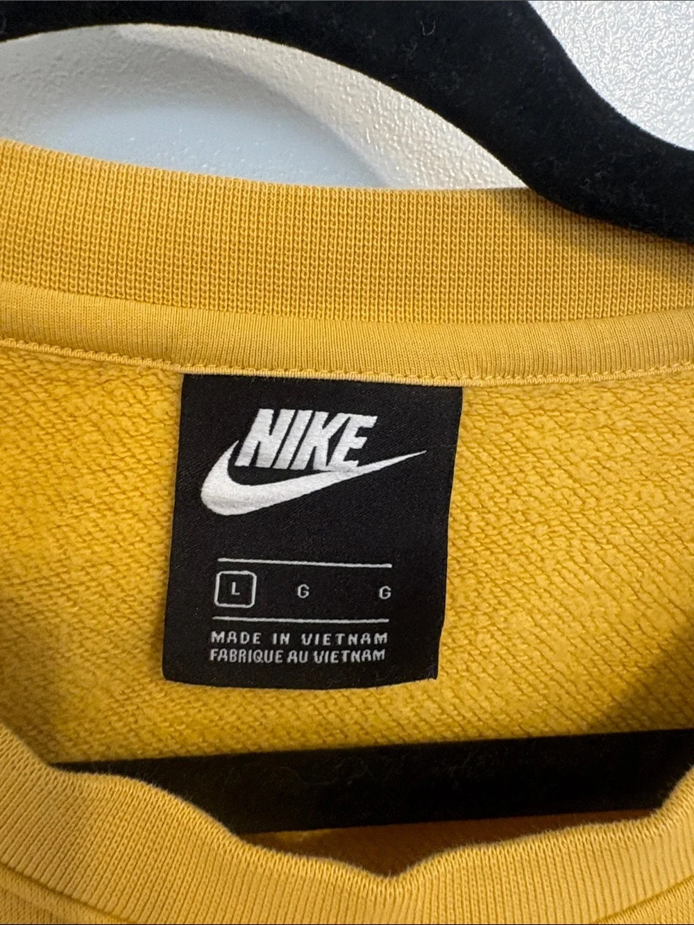 Nike Men’s Crewneck Sweatshirt in Mustard Yellow with White Swoosh Sleeve